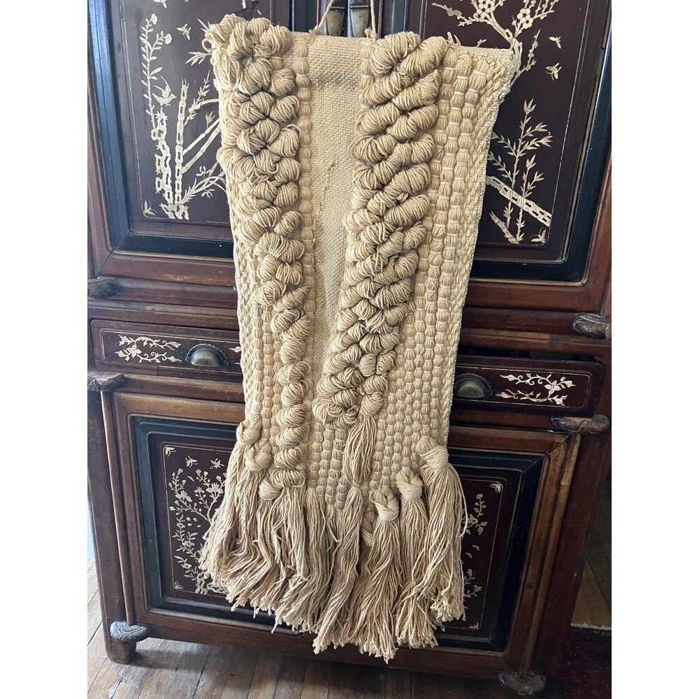Vntg Huge 1988 ICA Wall Hanging Woven Tapestry Fringe Boho Hippie Burlap 1980s